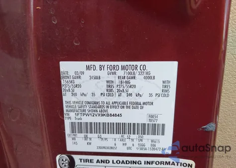 2009 Ford F-150 King Ranch/Lariat/Platinum/Xl/Xlt из США, поврежденный, VIN 1FTPW12VX9KB84845